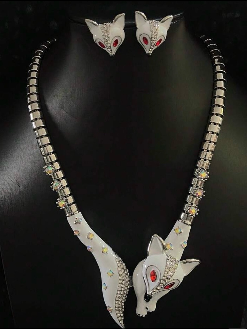 NWT Silver and White Fox Necklace and Earring Set with Red Accents, Fall Jewelry